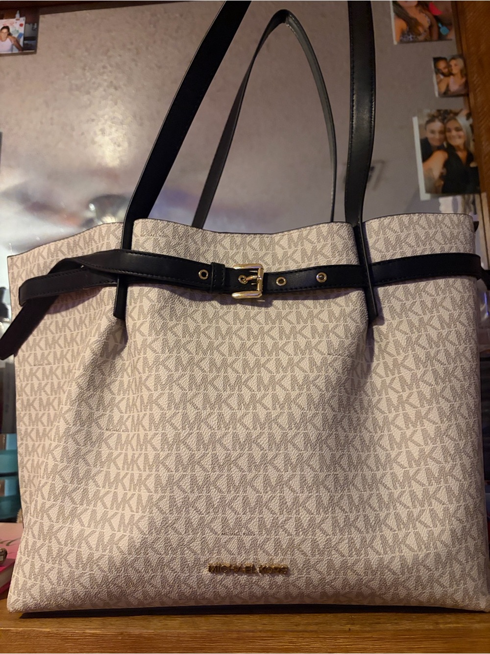 Michael Kors Beige MK Logo Tote with Black Trim and Gold Hardware